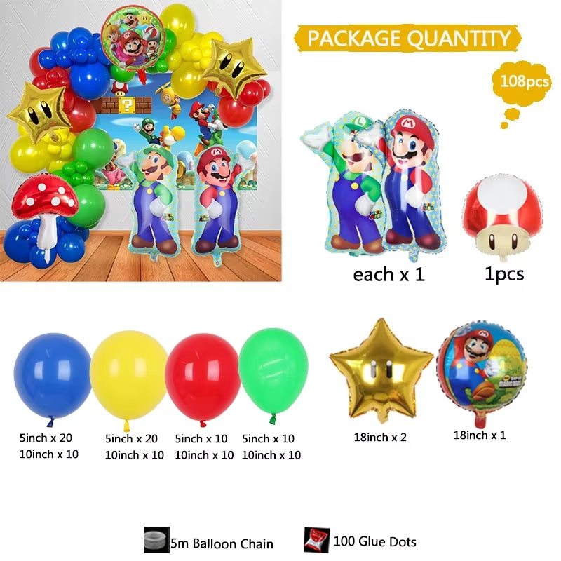 108Pcs  Themed Balloon Garland Arch Kit Super Brothers Mario