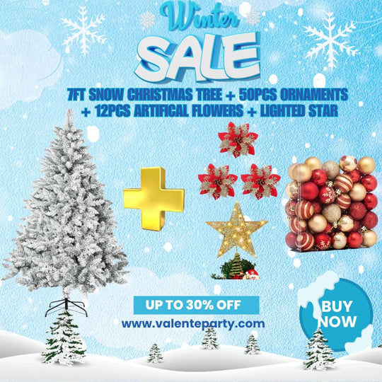 7Ft Snow Christmas Tree + 50PCS Ornaments  + 12PCS Artifical Flowers + Lighted Star