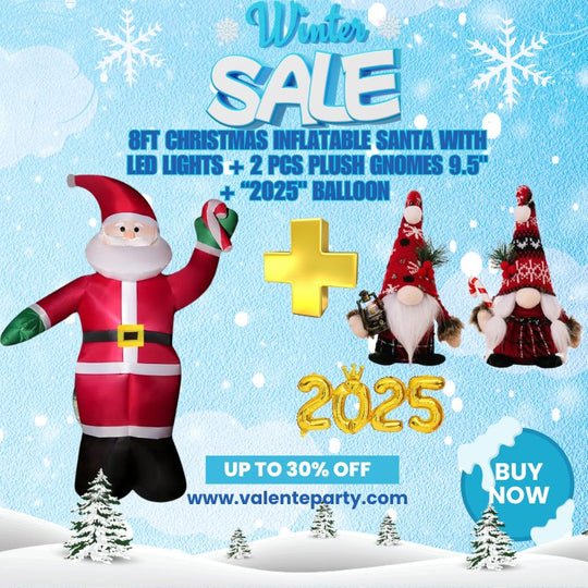 8FT Christmas Inflatable Santa with LED Lights + 2 PCS Plush Gnomes 9.5" + “2025" balloon