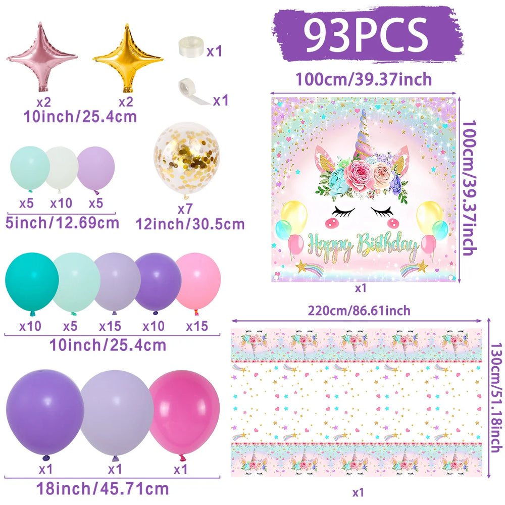 93 PCS Complete set Unicorn Balloons, Tablecloth, Banner