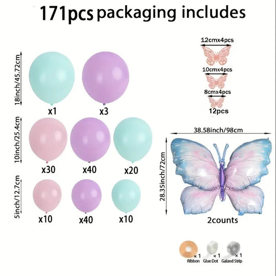 171 Pcs Pastel Macaron Balloon Arch Kit with Butterfly Foil Balloons