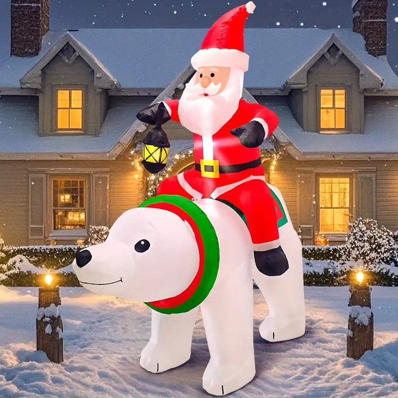 6Ft Inflatable Santa claus on bear + Santa Claus Figurine 12"  + “2025" balloon