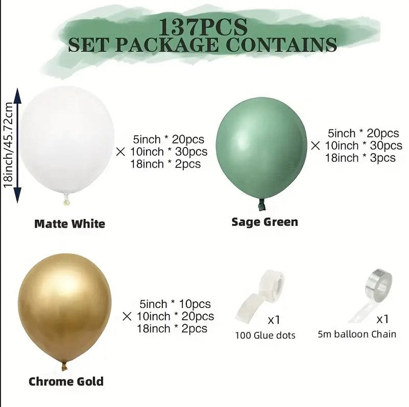 137 Pack Latex Green & White & Golden Mixed Balloons Kit