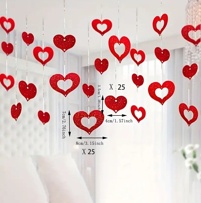 50pcs Romantic Red Heart Hanging for Valentine's Decorations