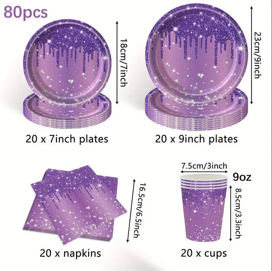 80pcs Purple Party Tableware Decor