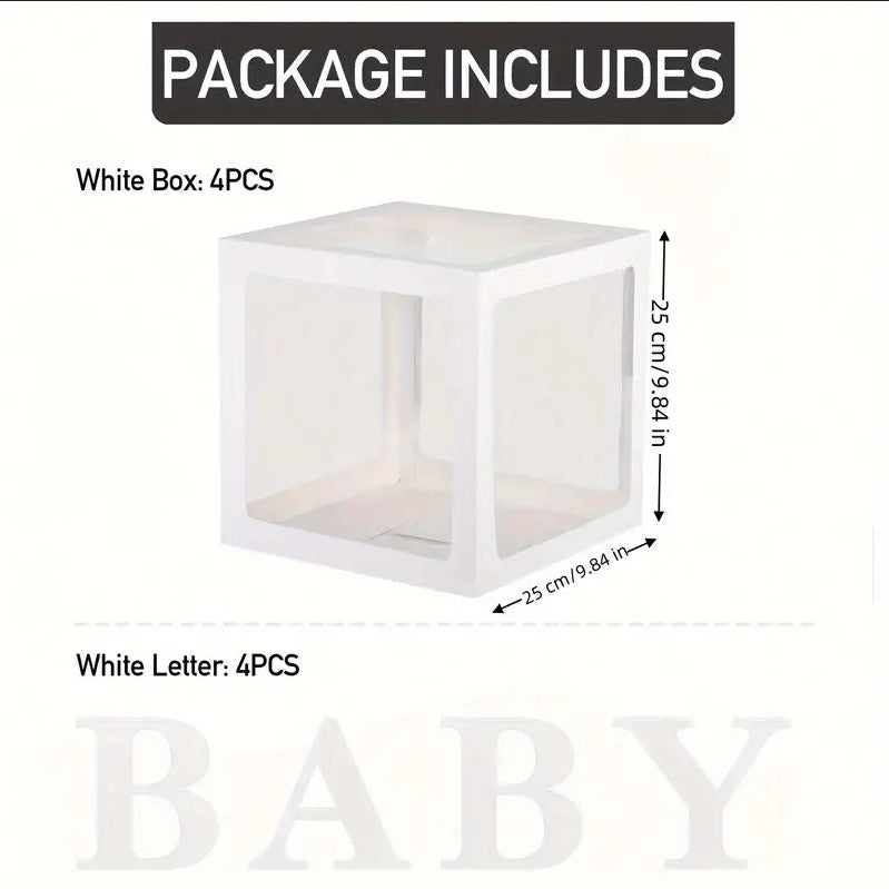 4 Pack White Transparent Box set With Letters "Baby" for Baby Shower, Birthday