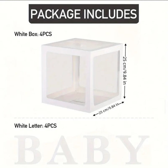 4 Pack White Transparent Box set With Letters "Baby" for Baby Shower, Birthday