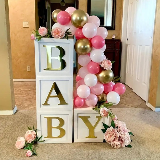 4pcs White Baby Balloon Boxes with Golden Letters