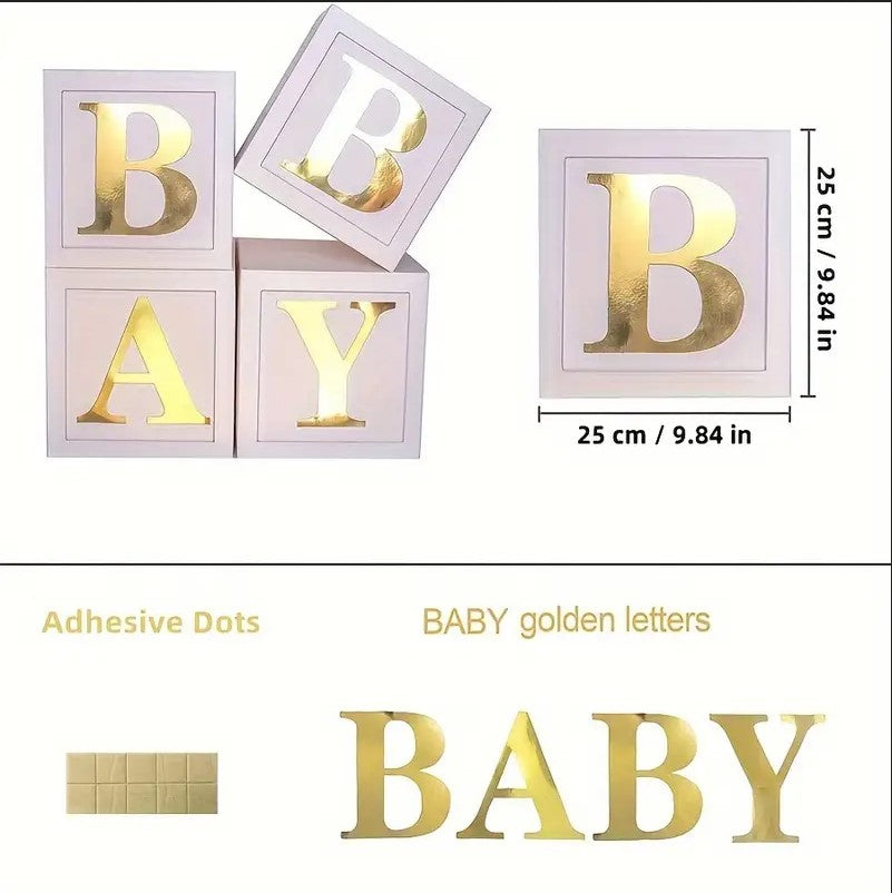 4pcs White Baby Balloon Boxes with Golden Letters