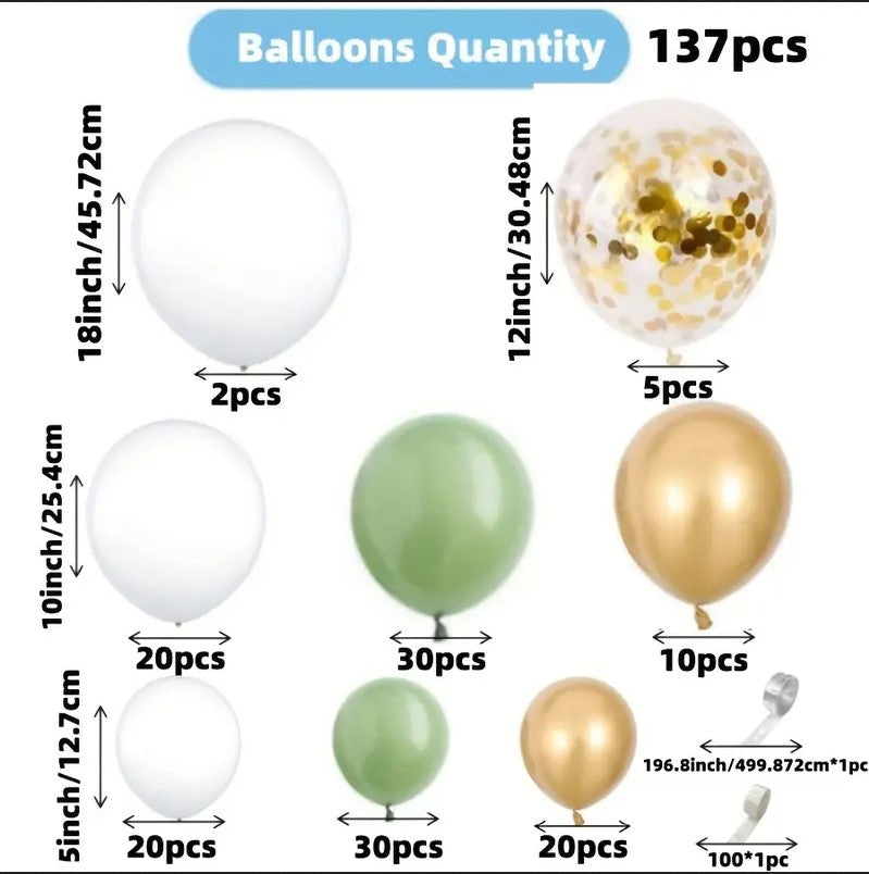 137 Pack Gold&Green&White Balloons Mixed Decor Set