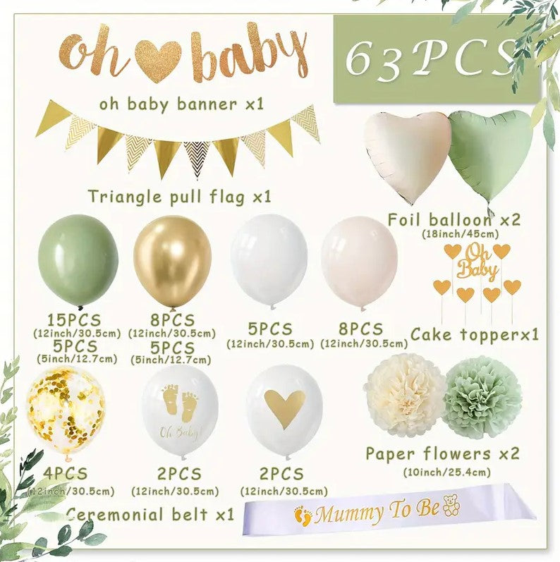 63PCS Green "Oh Baby" Complete Set for Baby Shower Decor