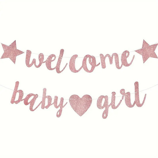 "Welcome Baby Girl" Glittering Pink Banner Set 3m