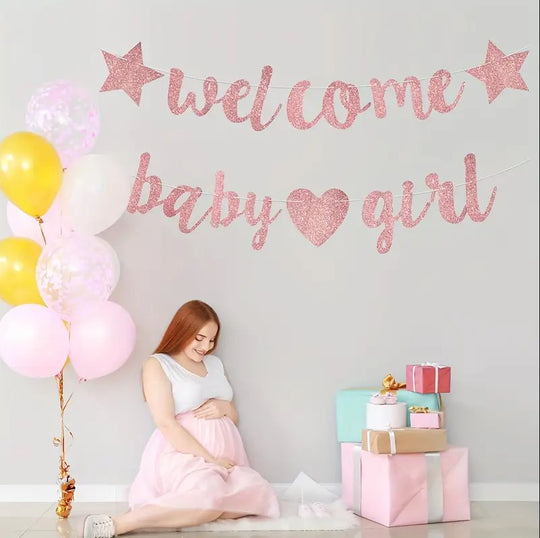 "Welcome Baby Girl" Glittering Pink Banner Set 3m