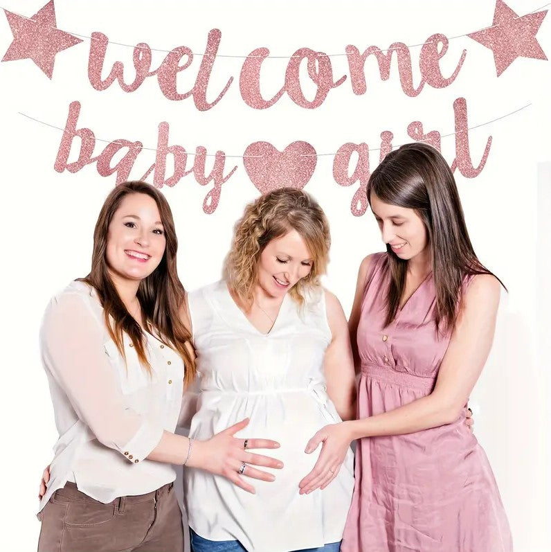 "Welcome Baby Girl" Glittering Pink Banner Set 3m