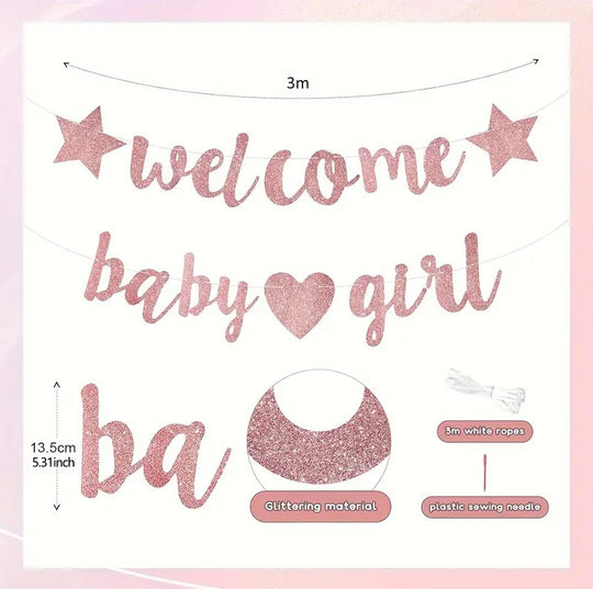 "Welcome Baby Girl" Glittering Pink Banner Set 3m