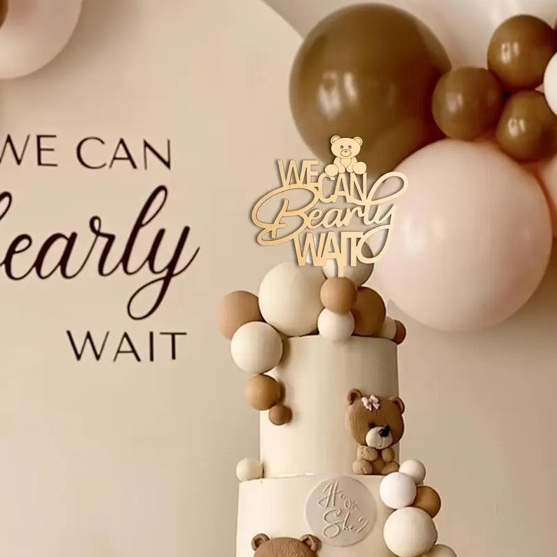 1PC Wooden Cake Topper Bear "We Can Bearly Wait" Baby Shower Decor