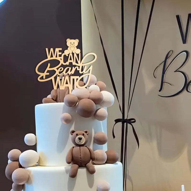 1PC Wooden Cake Topper Bear "We Can Bearly Wait" Baby Shower Decor