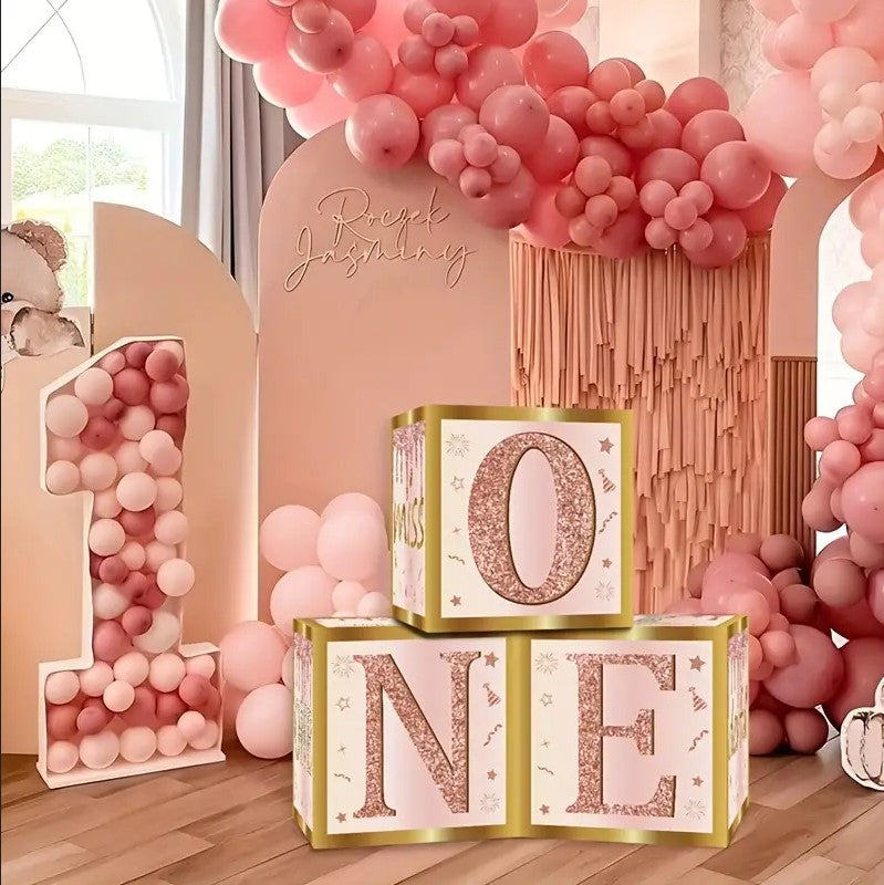 3pcs Pink Golden Boxes with Rose Letters Baby Shower