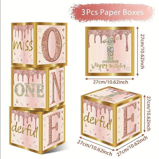 3pcs Pink Golden Boxes with Rose Letters Baby Shower