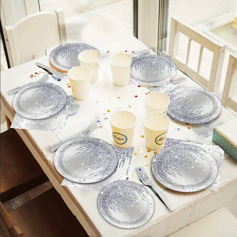 96pcs Silver Party Tableware Set